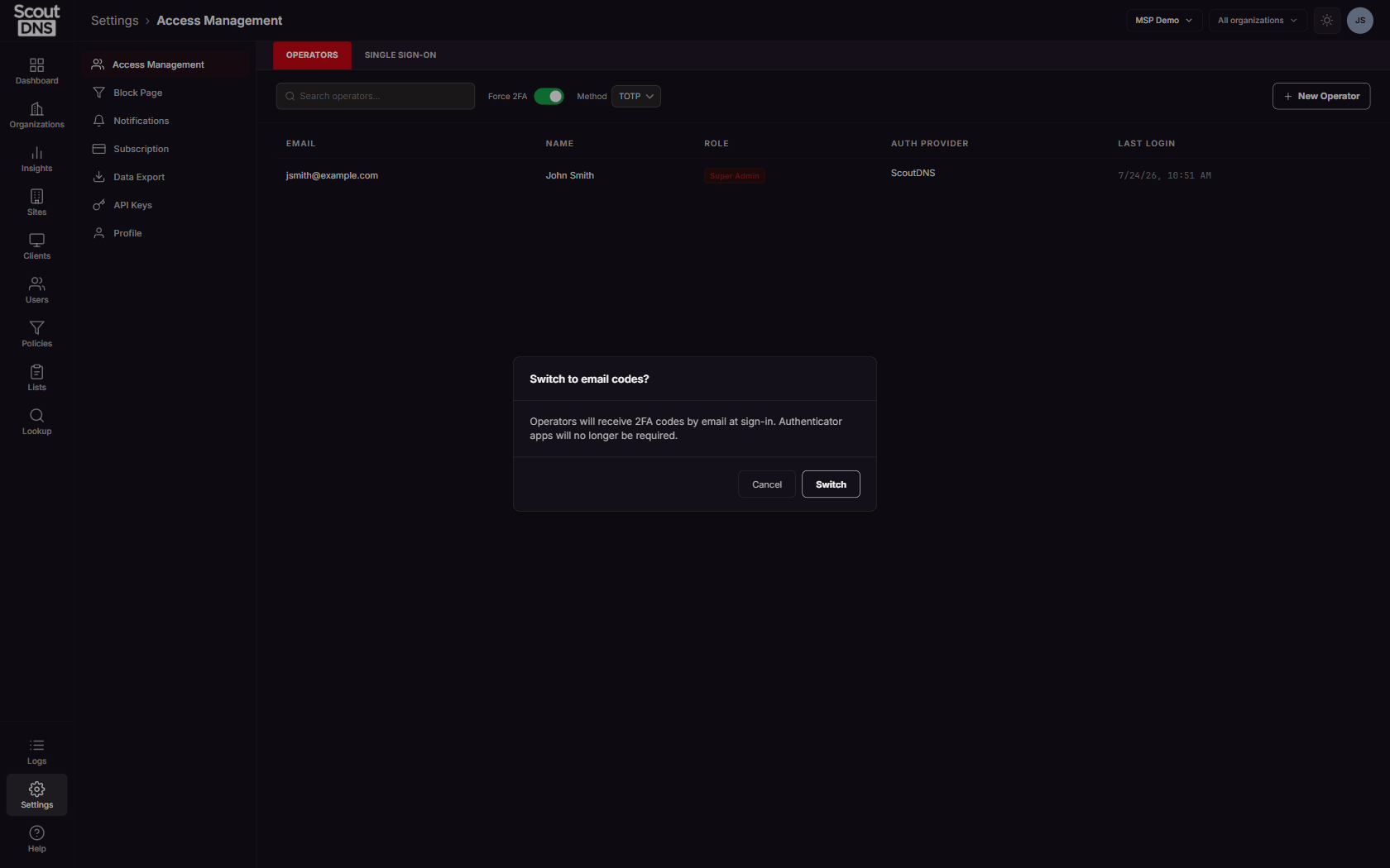 The confirmation shown when switching the account’s 2FA method