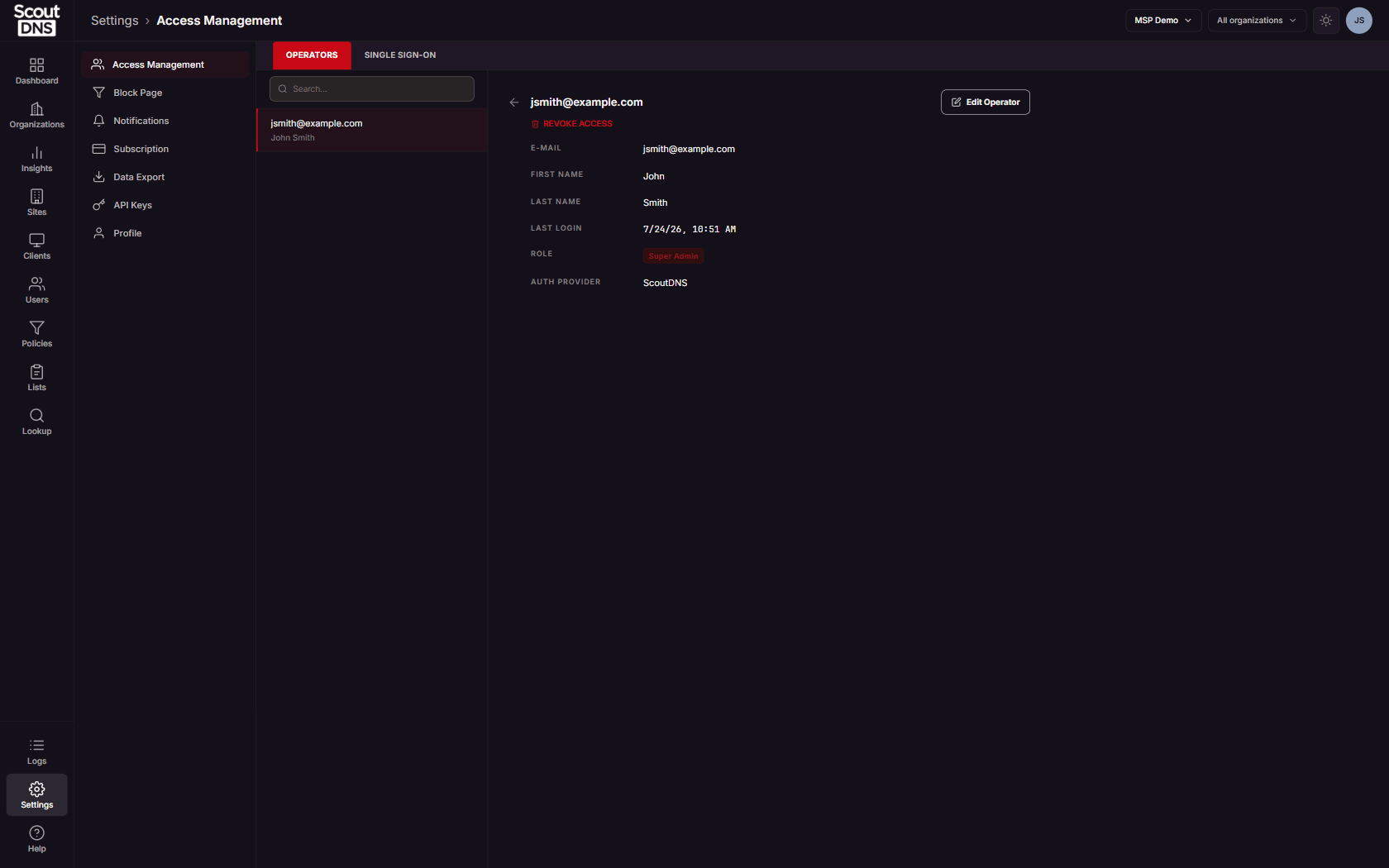 An operator’s detail view with Revoke Access