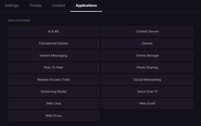 The 15 application categories on a policy’s Applications tab