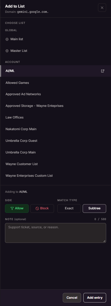 Add to List drawer for gemini.google.com with Allow and Subtree selected