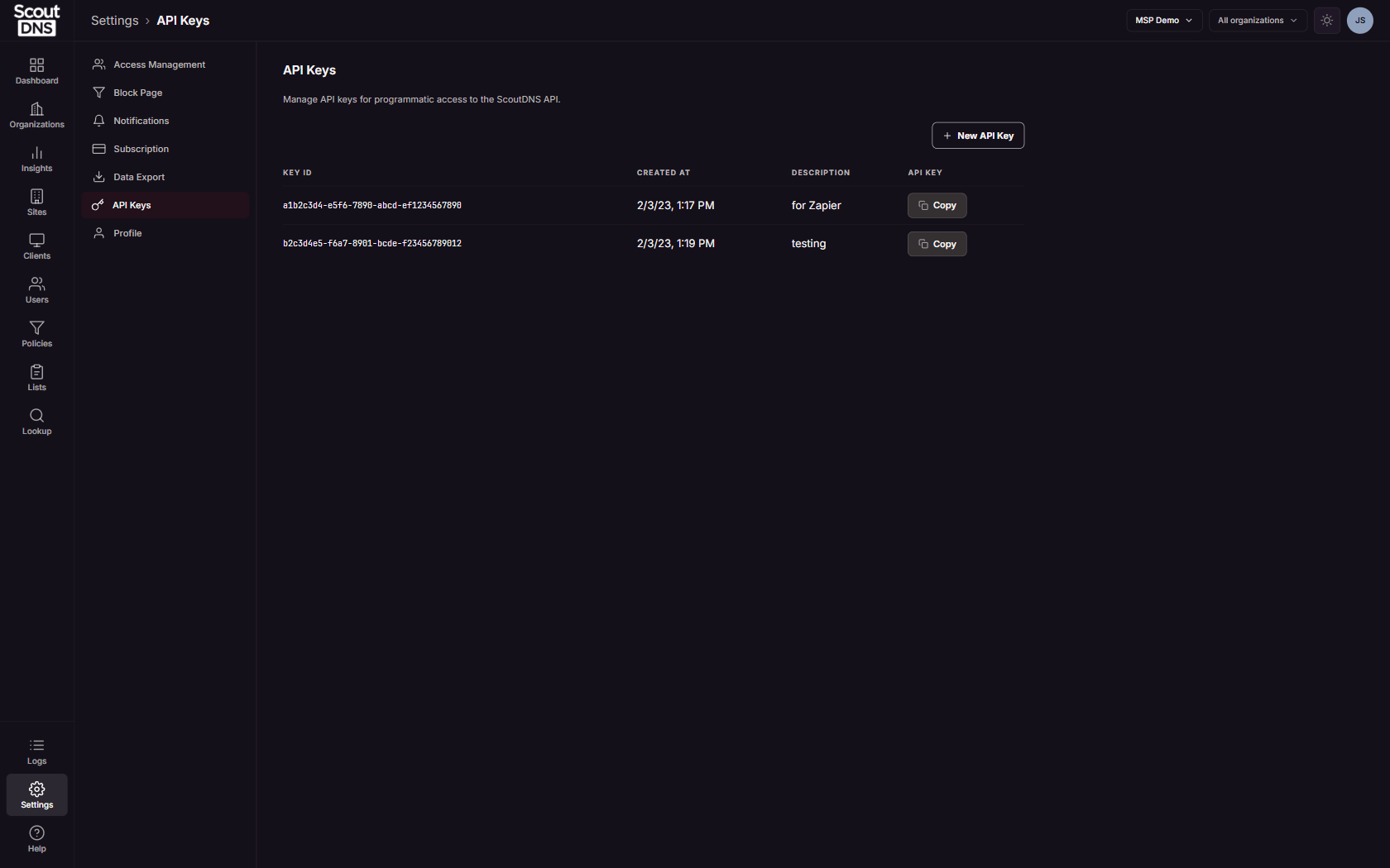 The API Keys section