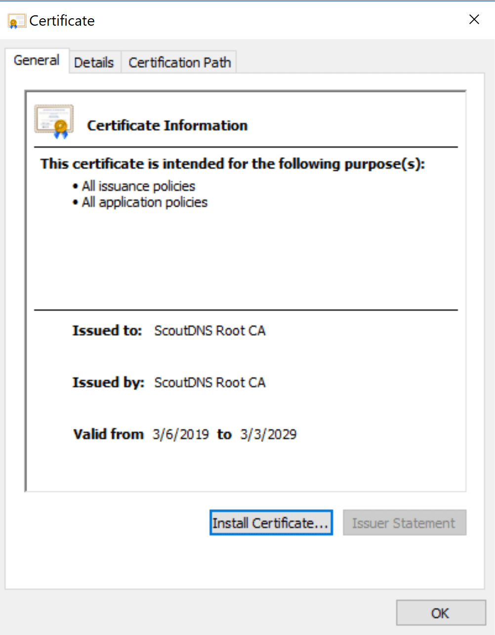 Open certificate, click Install Certificate