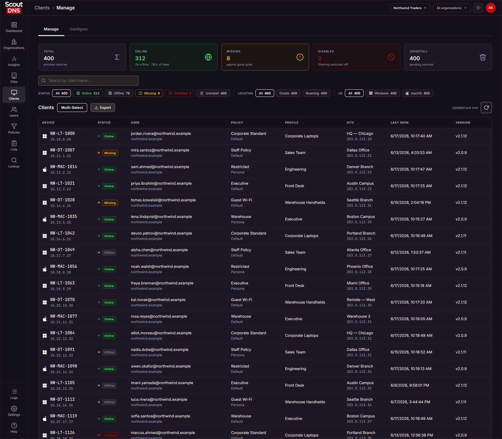 The Manage tab fleet view