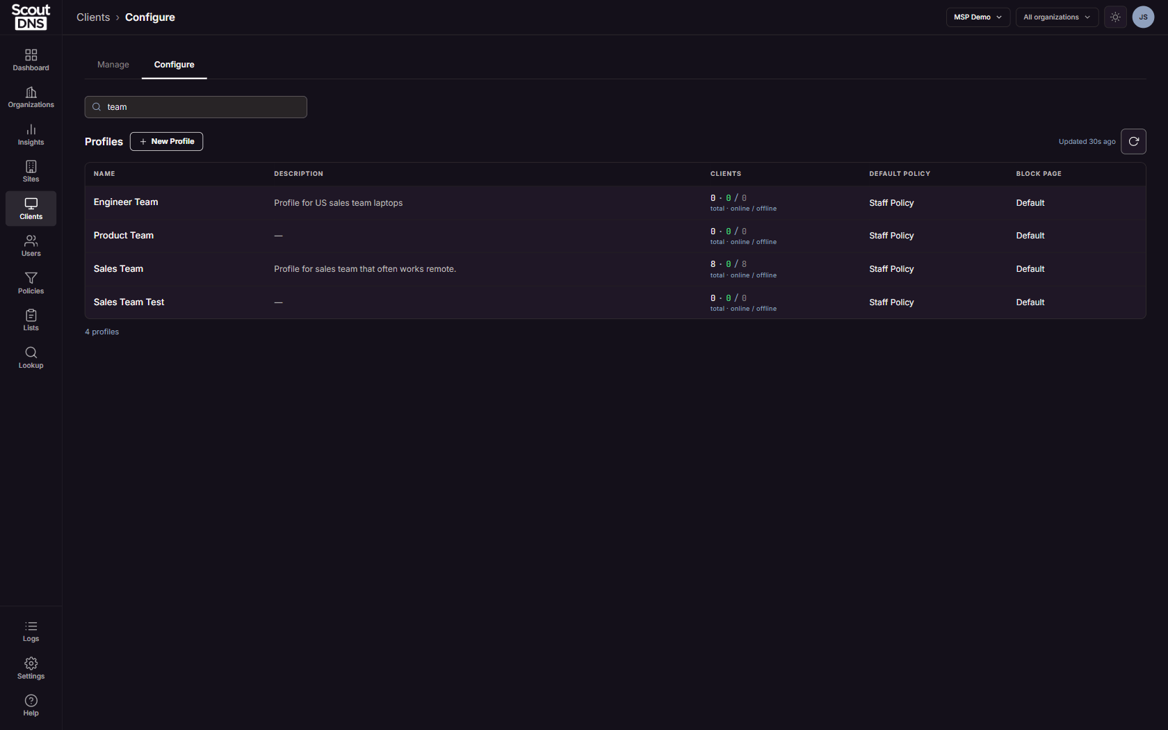 The Configure tab profile list