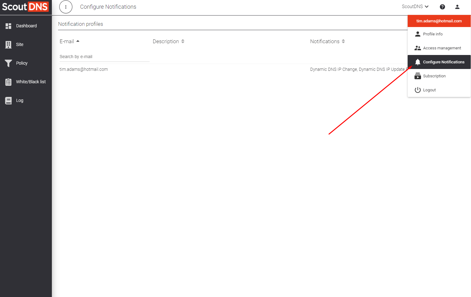 Configure Notifications page