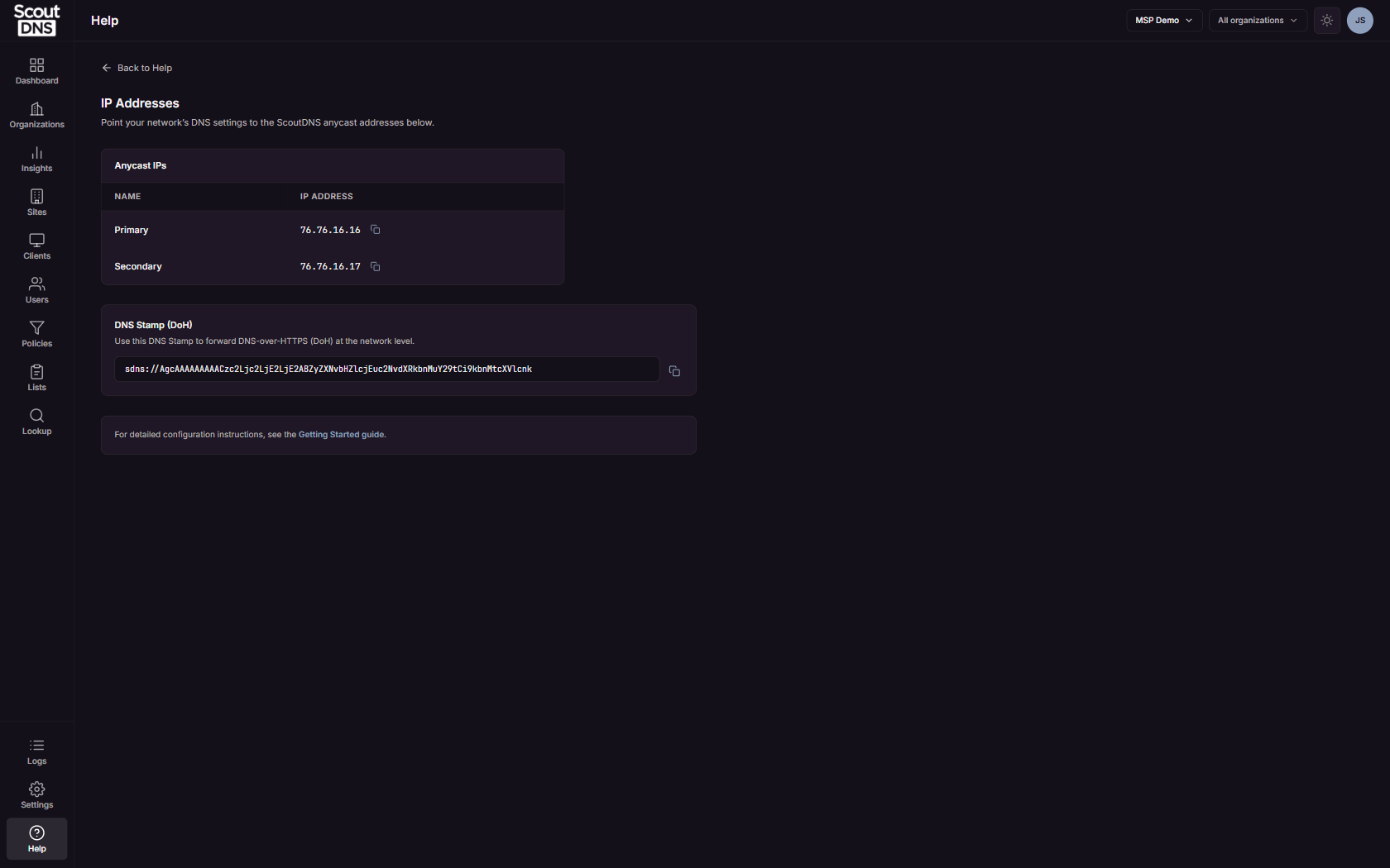 The IP Addresses page