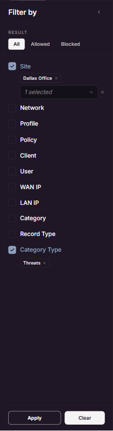 Filters panel with selections drafted