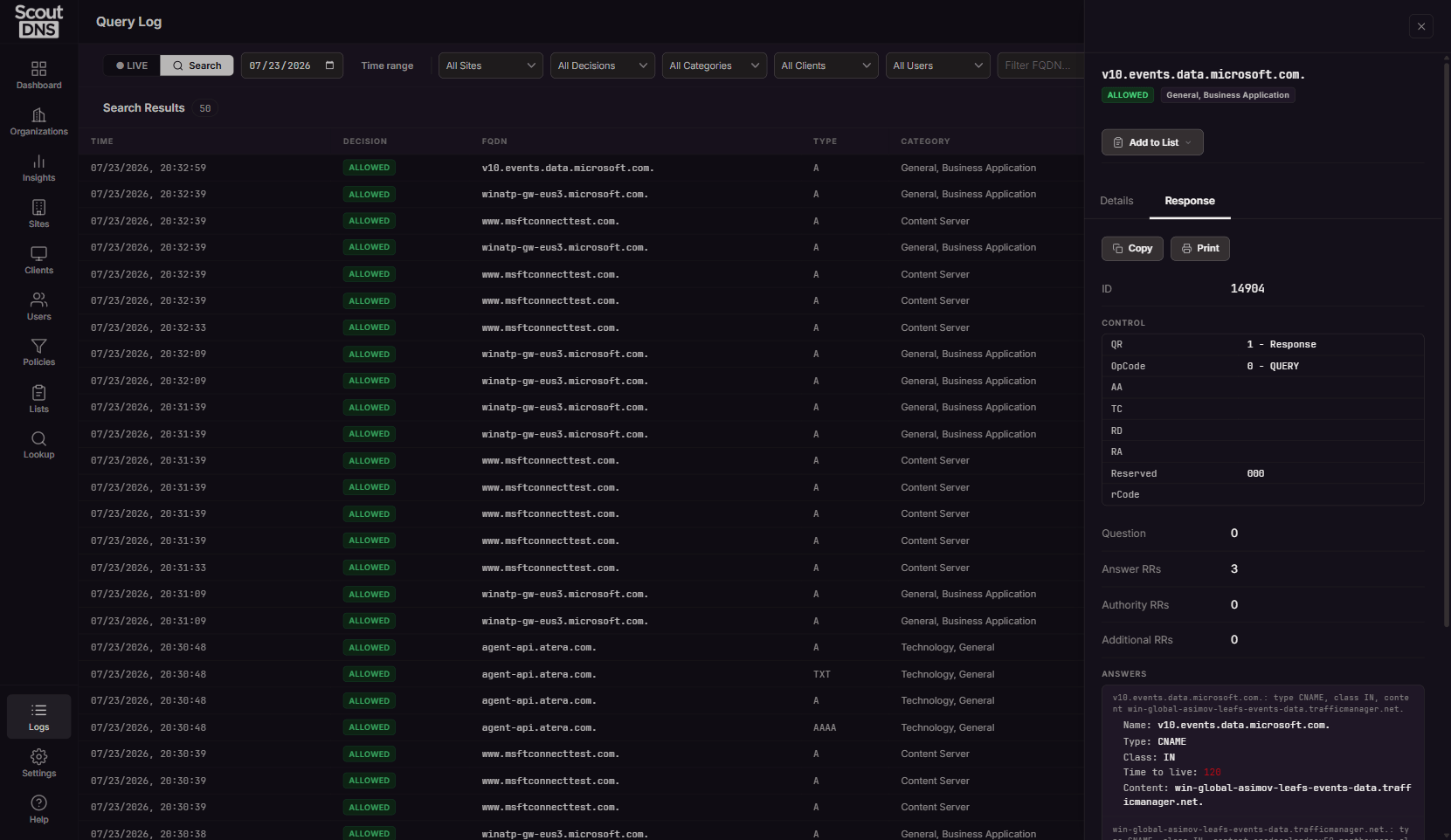 The DNS response tab
