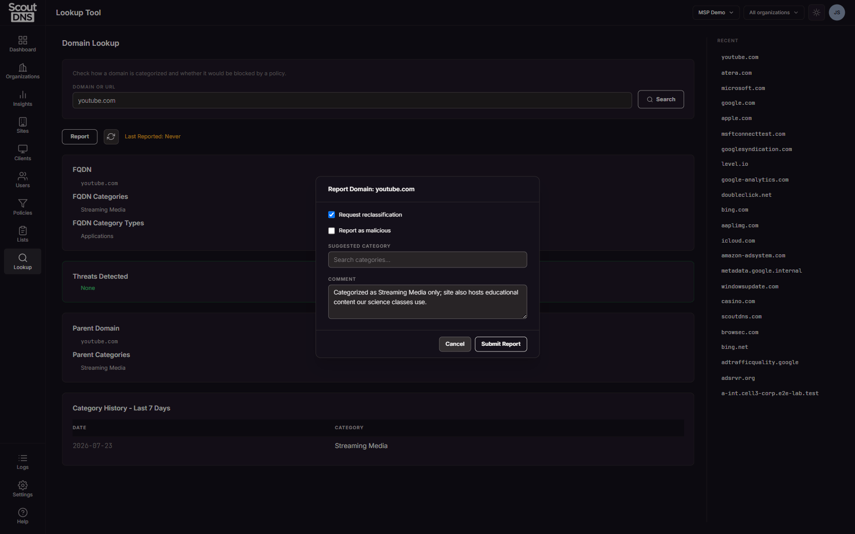 The report modal