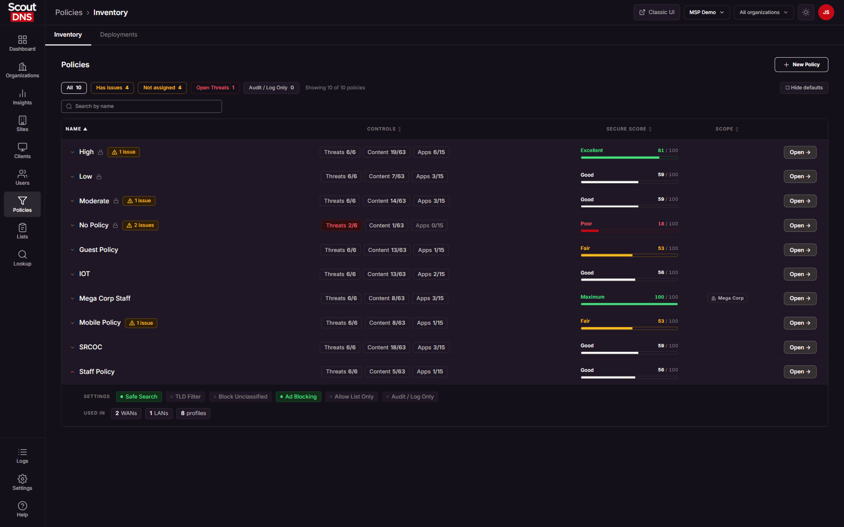 A policy row expanded to show its settings and deployments
