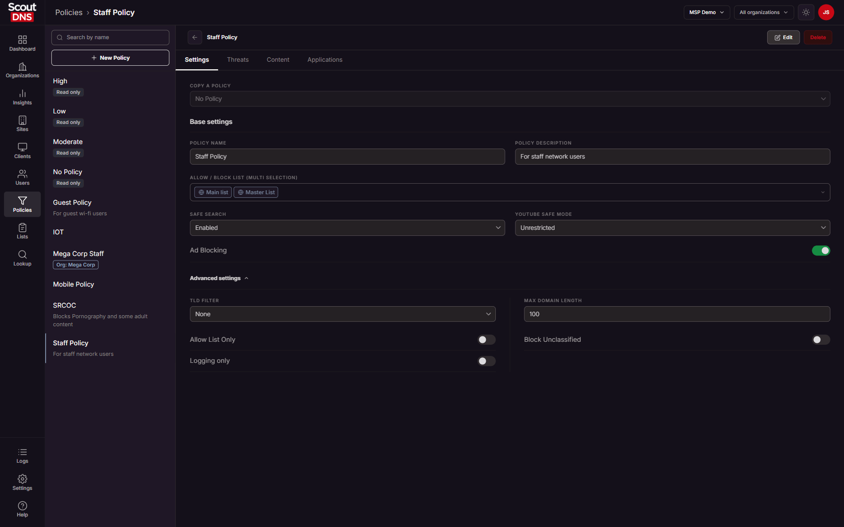 The Settings tab