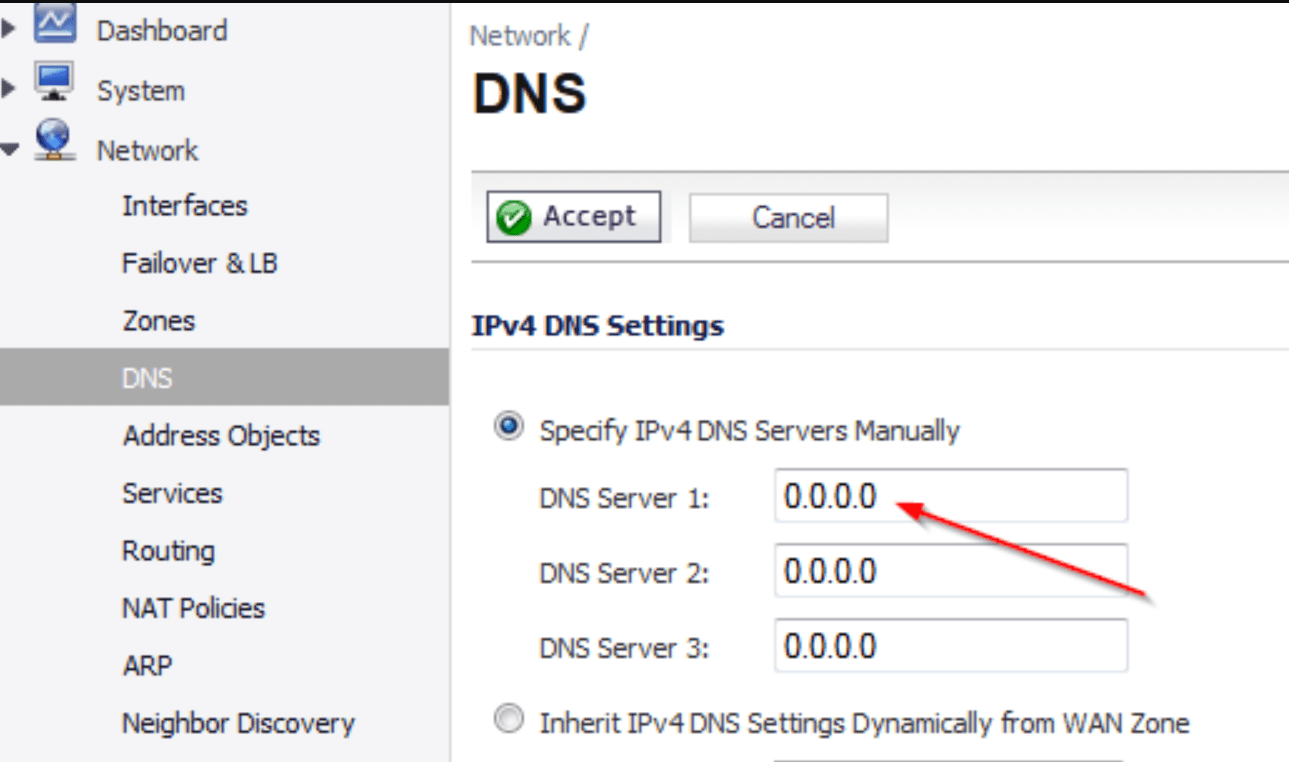 SonicWall DNS configuration screen