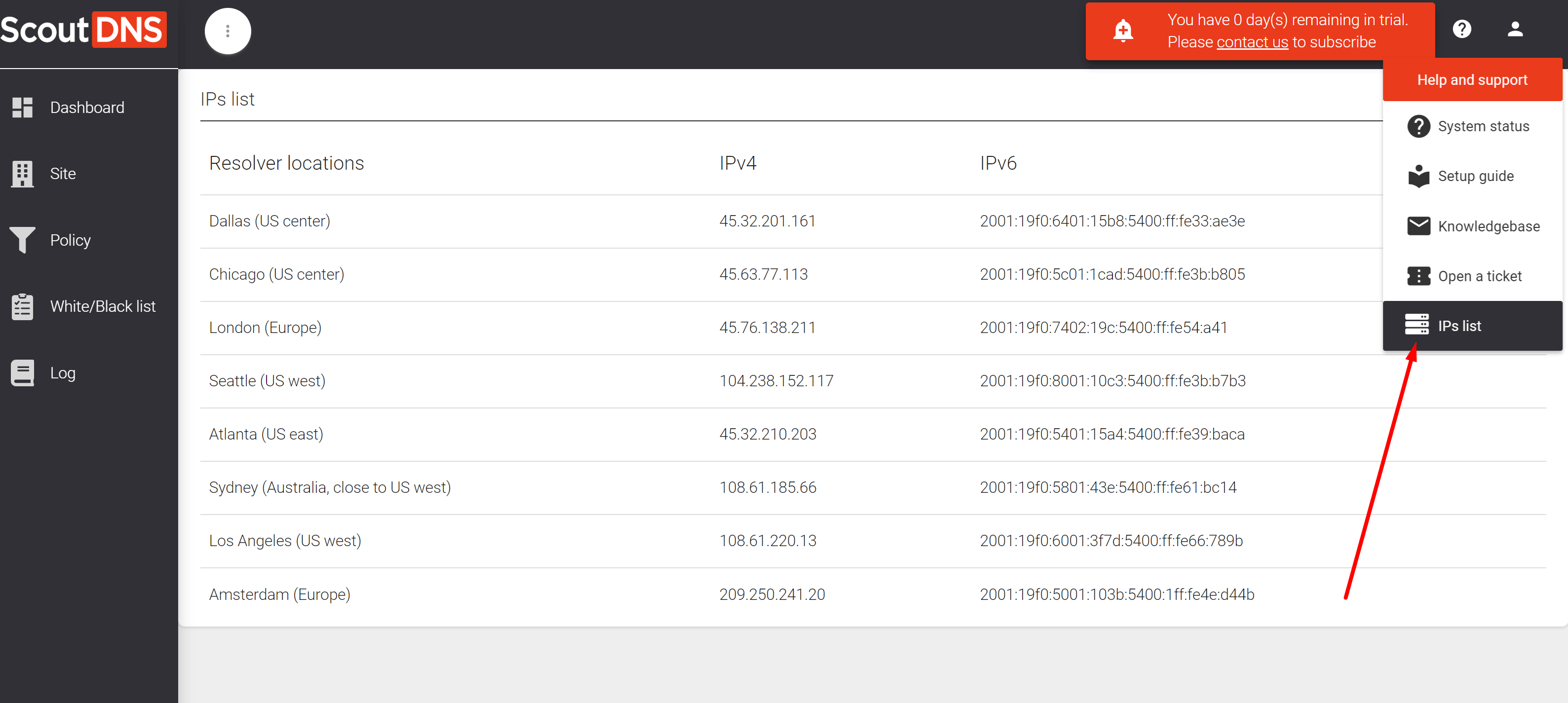 DNS server fields populated with ScoutDNS anycast IPs