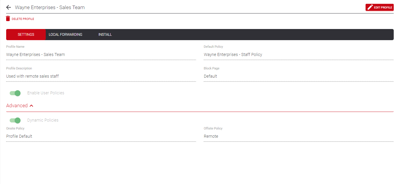 Profile configuration screen