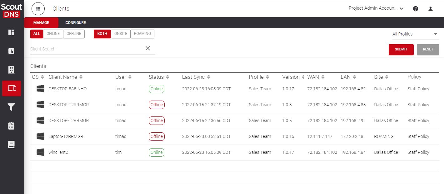 Manage Clients view