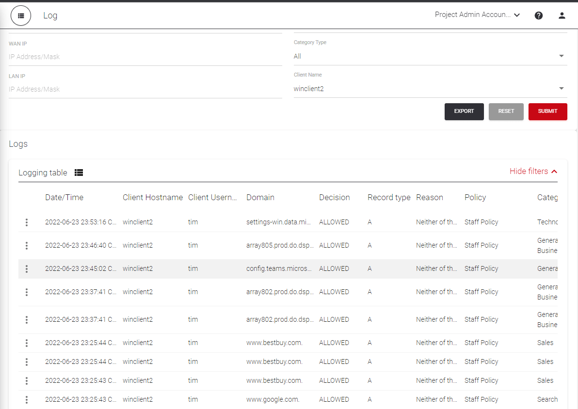Activity log with client filtering