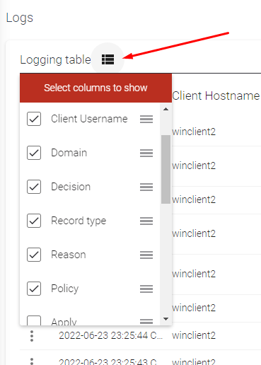Column selector for log fields