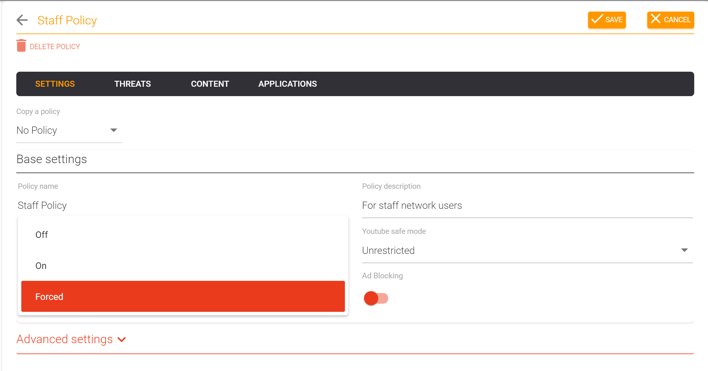 Safe Search mode selector in the policy editor