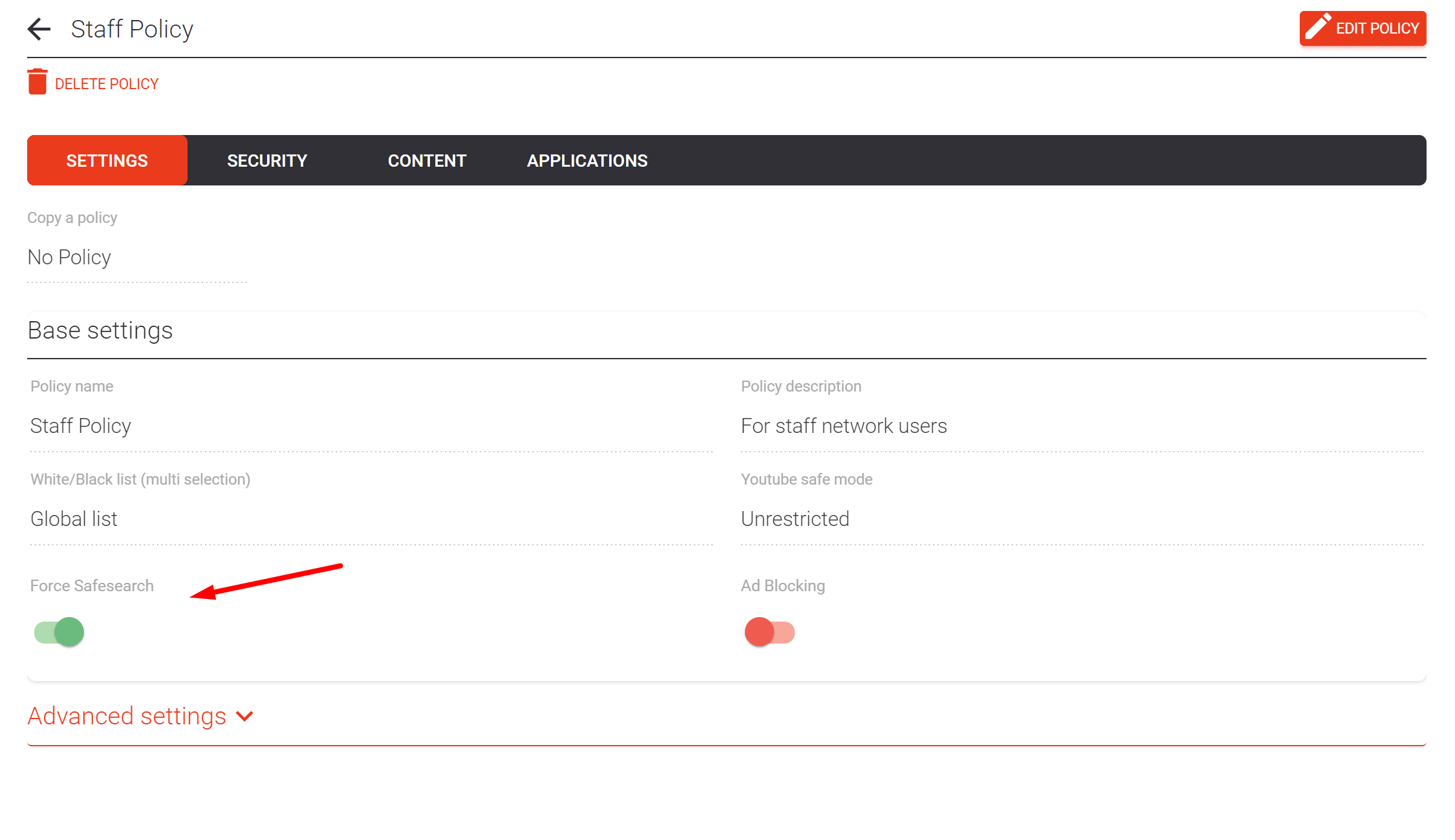 Safe Search dropdown in the policy editor