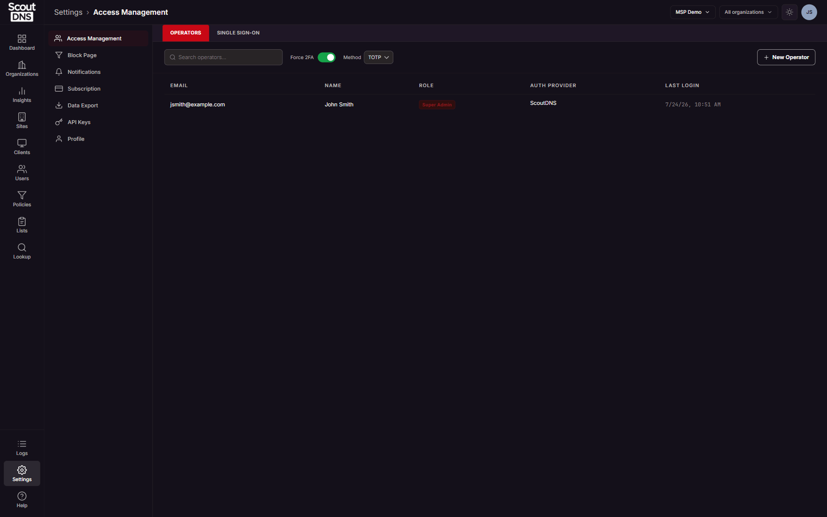 The Settings page on the Access Management section