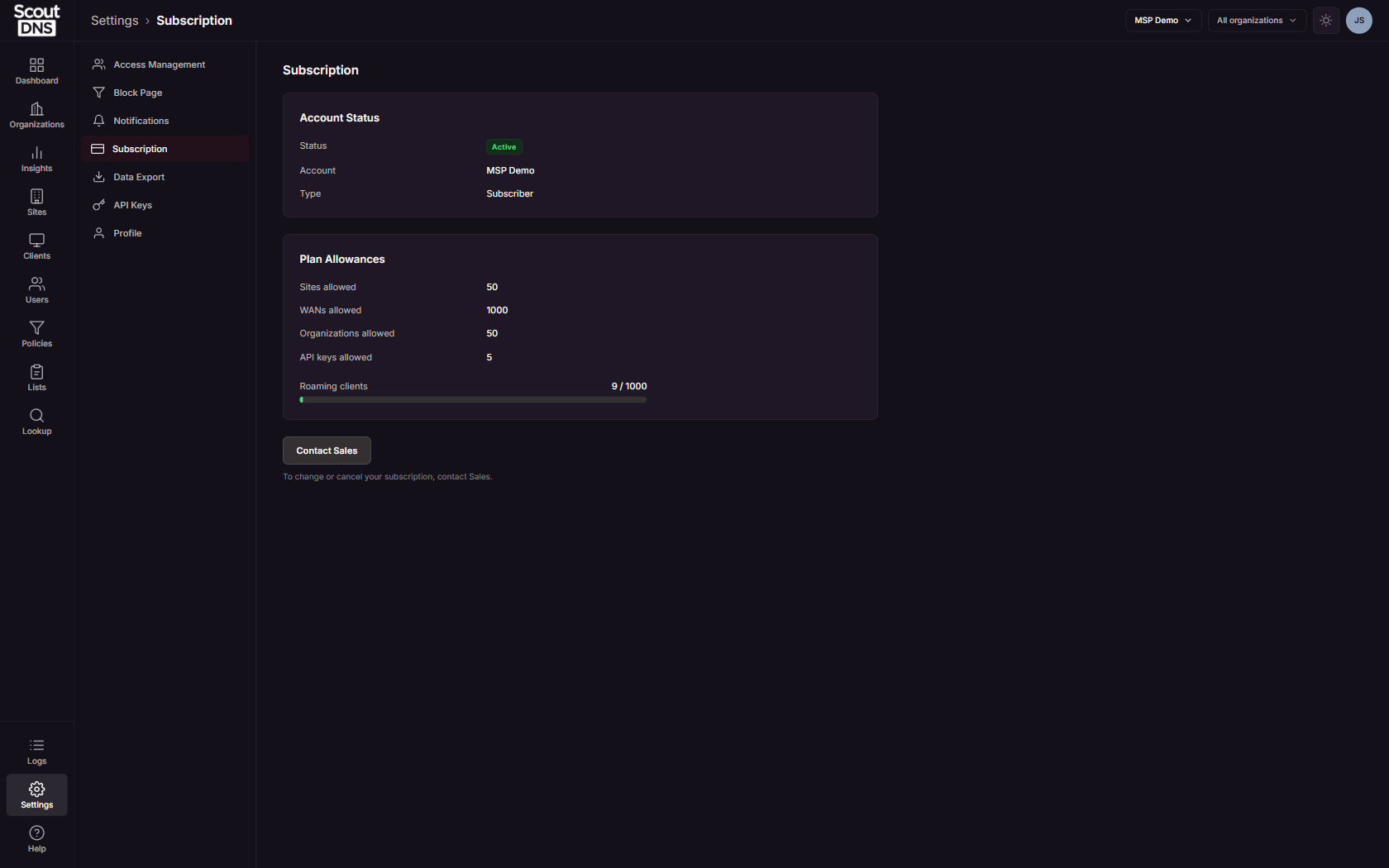 The Subscription section