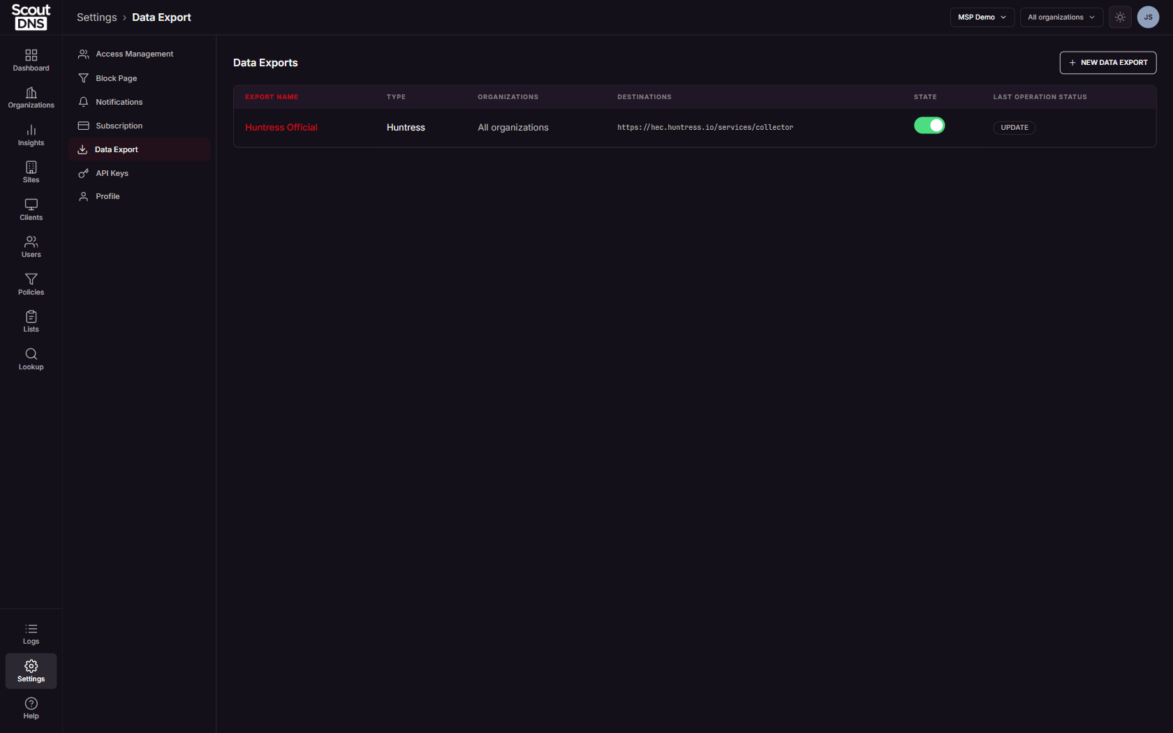 The Data Exports list under Settings, Data Export