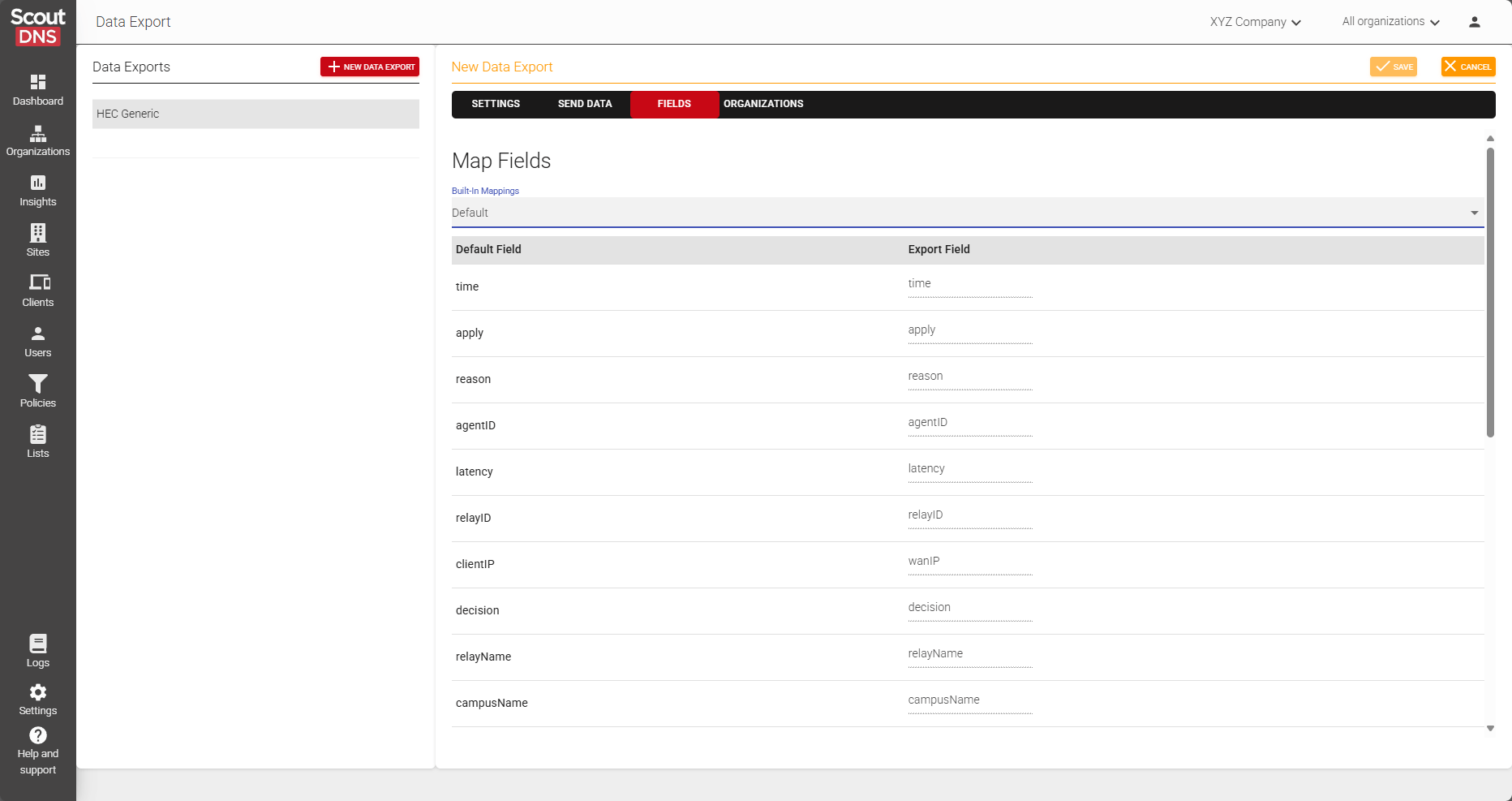 Fields tab, selecting labels and field mapping