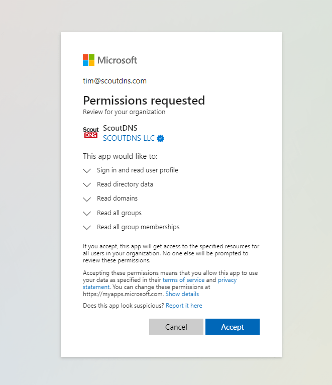 Entra admin consent screen for ScoutDNS