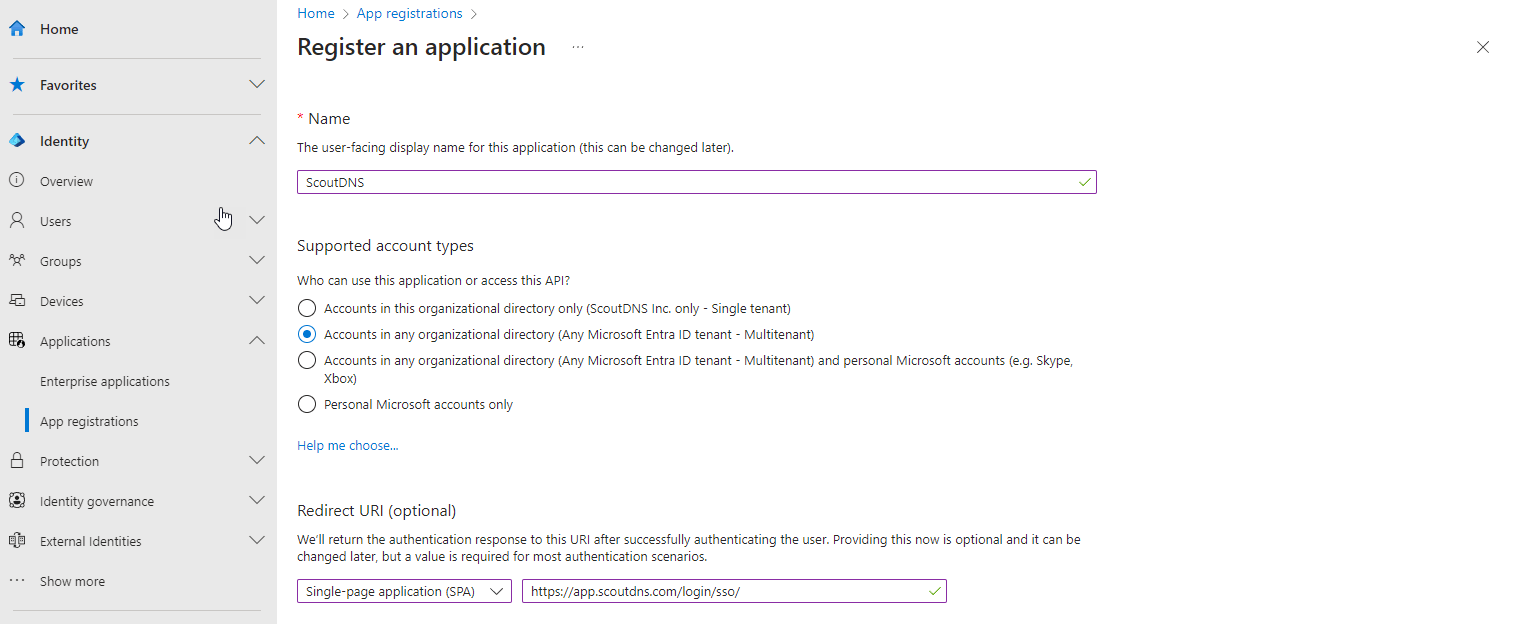 Entra App Registration form filled out for ScoutDNS