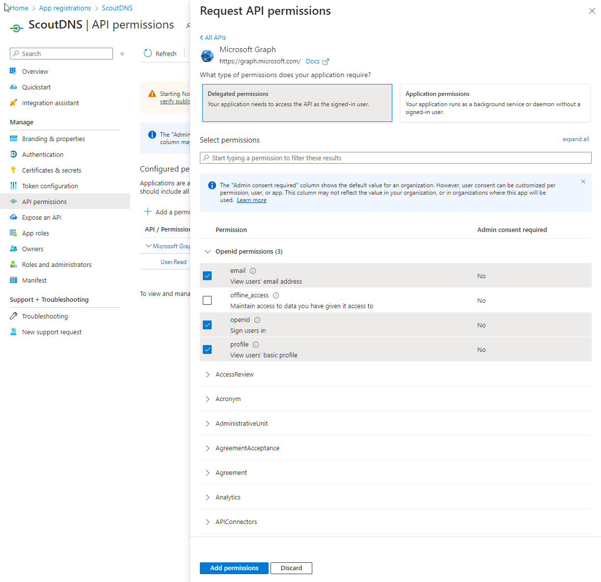 API Permissions configured for the ScoutDNS app