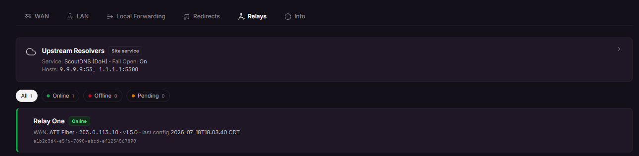 Relays tab: Upstream Resolvers, status filters, and a relay card