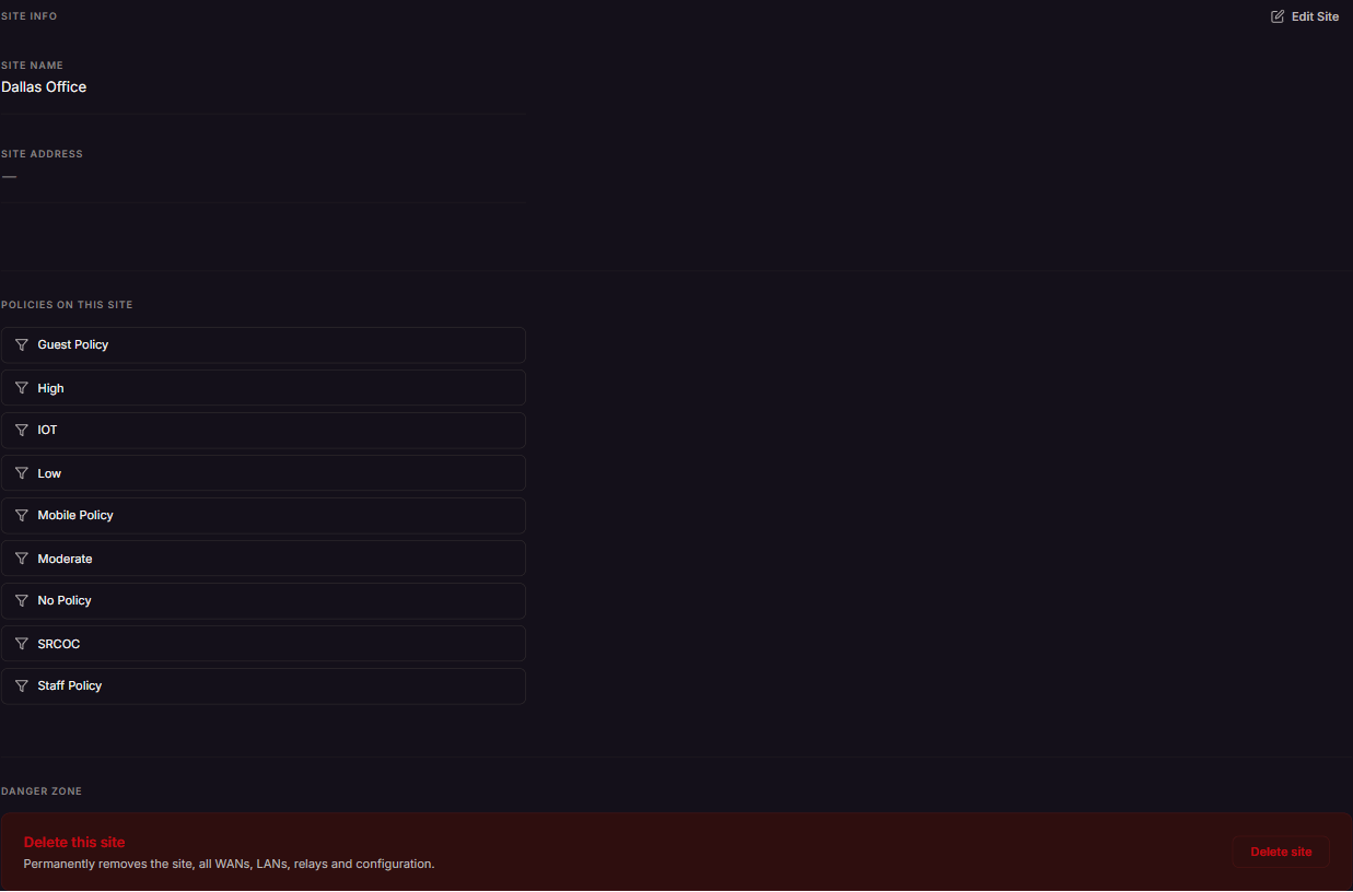 Info tab: site details, policies, and Danger zone