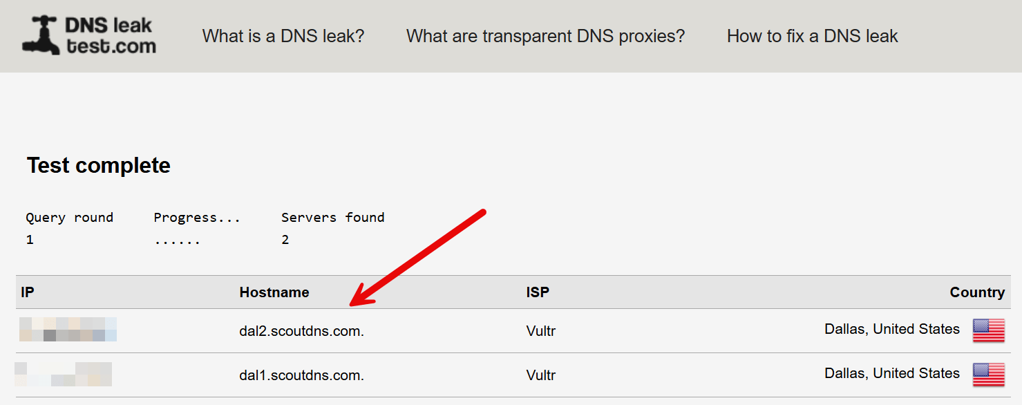DNSLeakTest results showing ScoutDNS hostnames