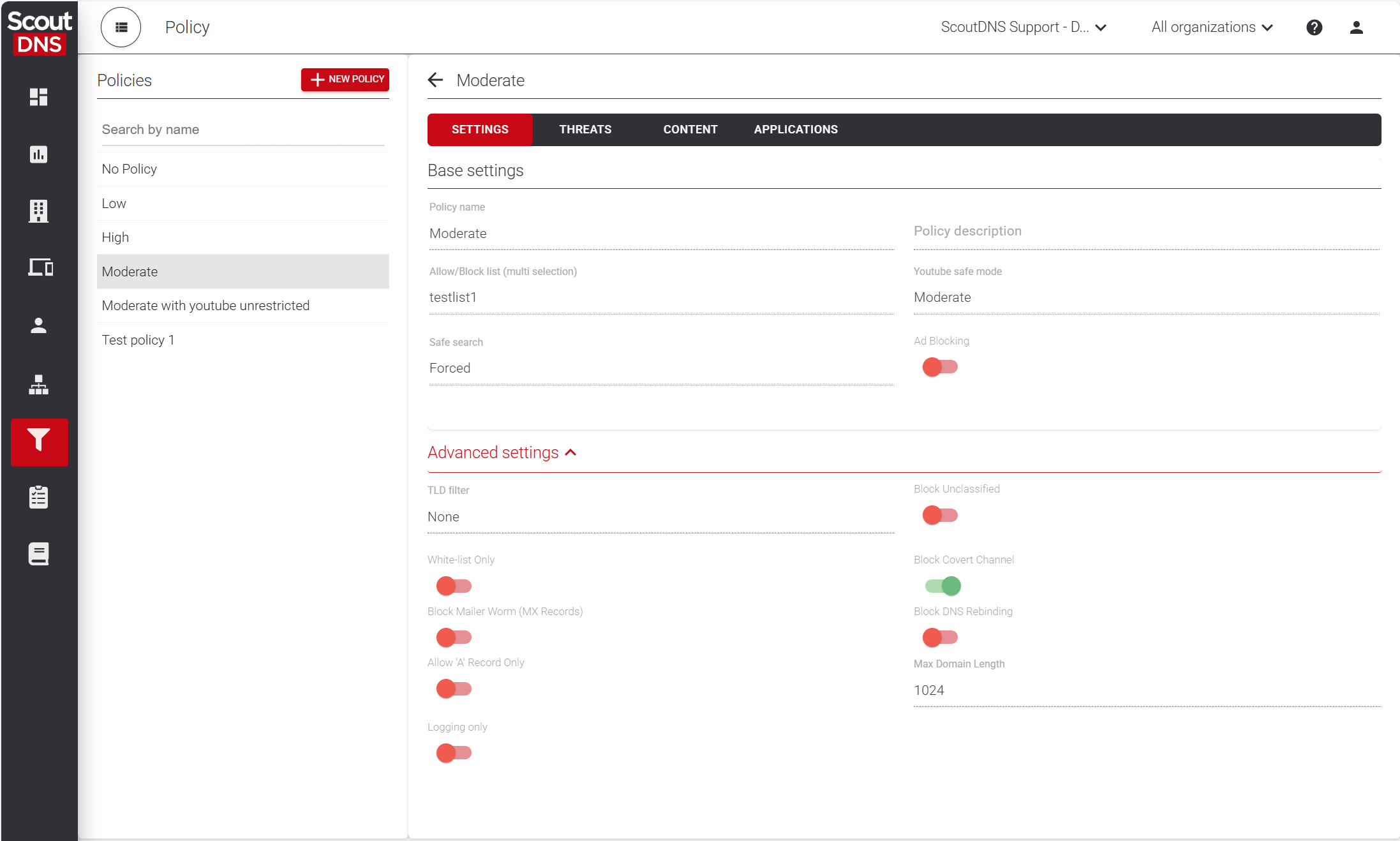 Policy list view in the Admin Console