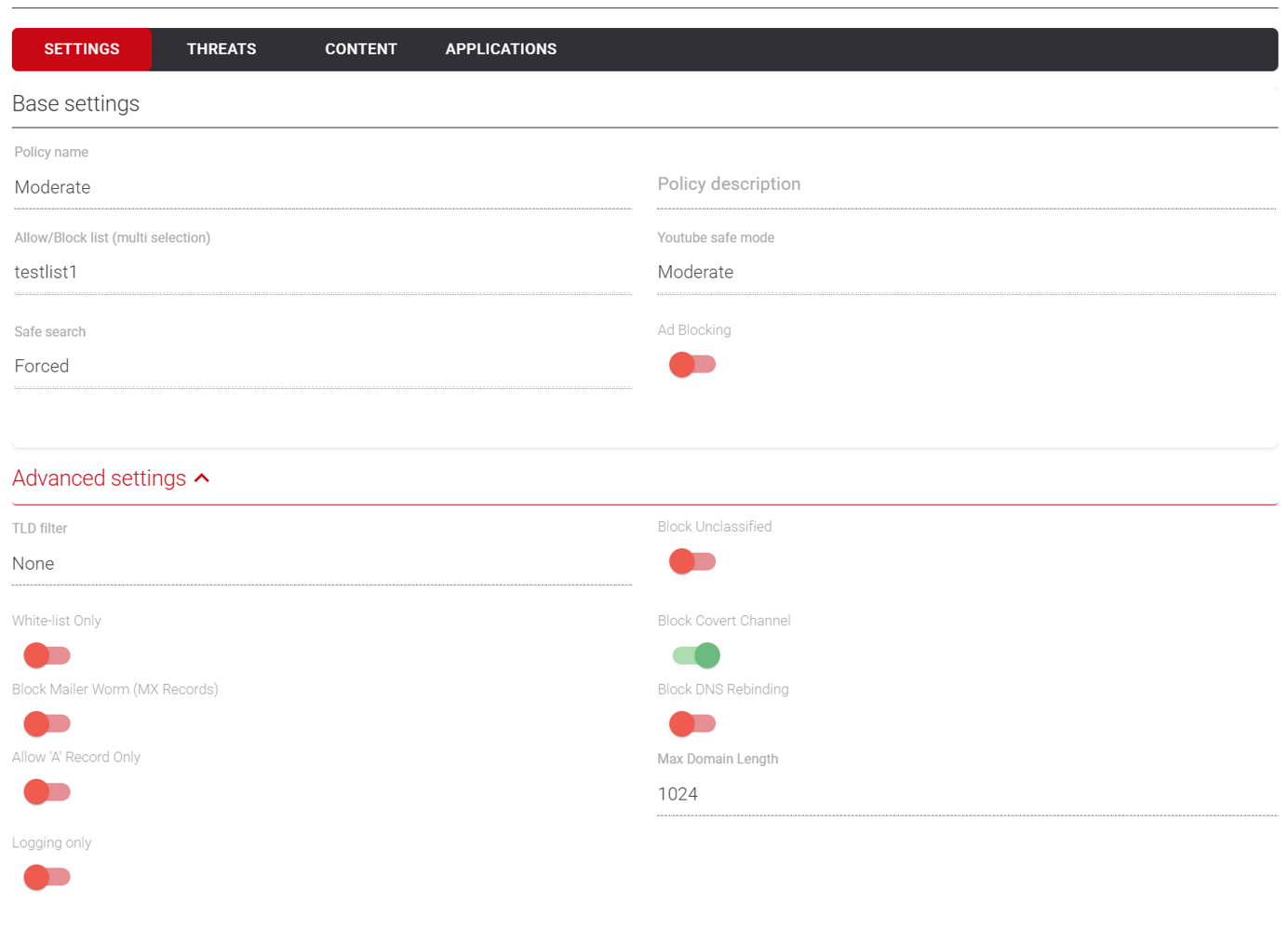 Policy Settings tab, Base and Advanced configuration