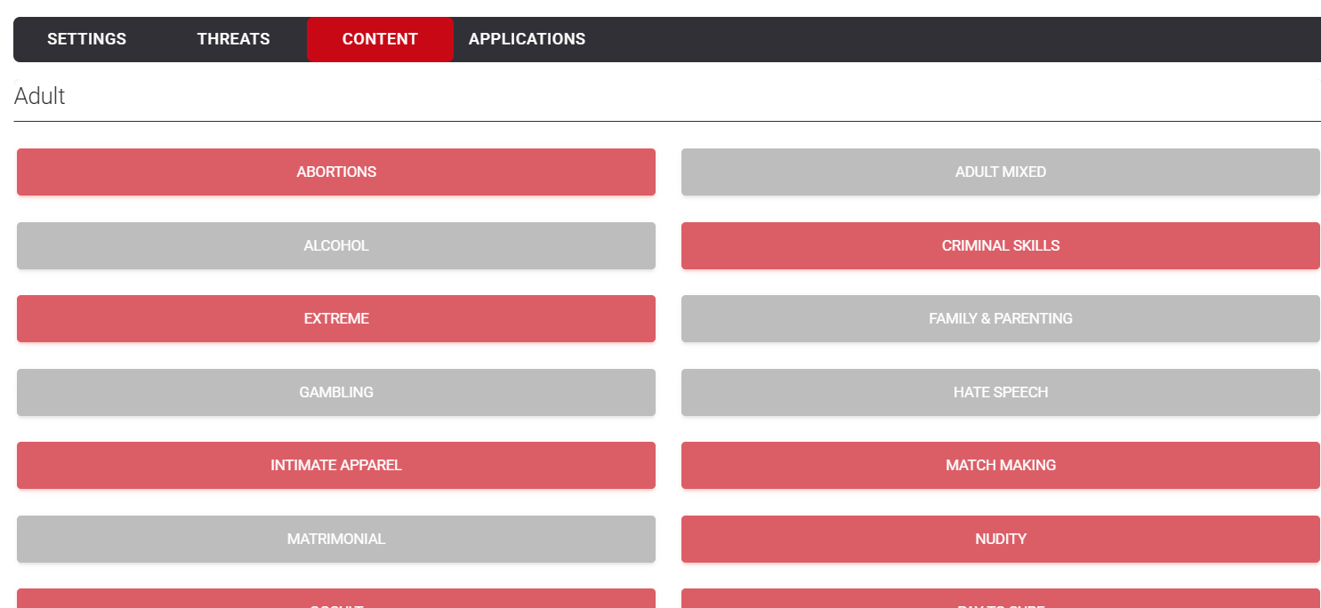 Policy Content tab, long list of toggleable categories