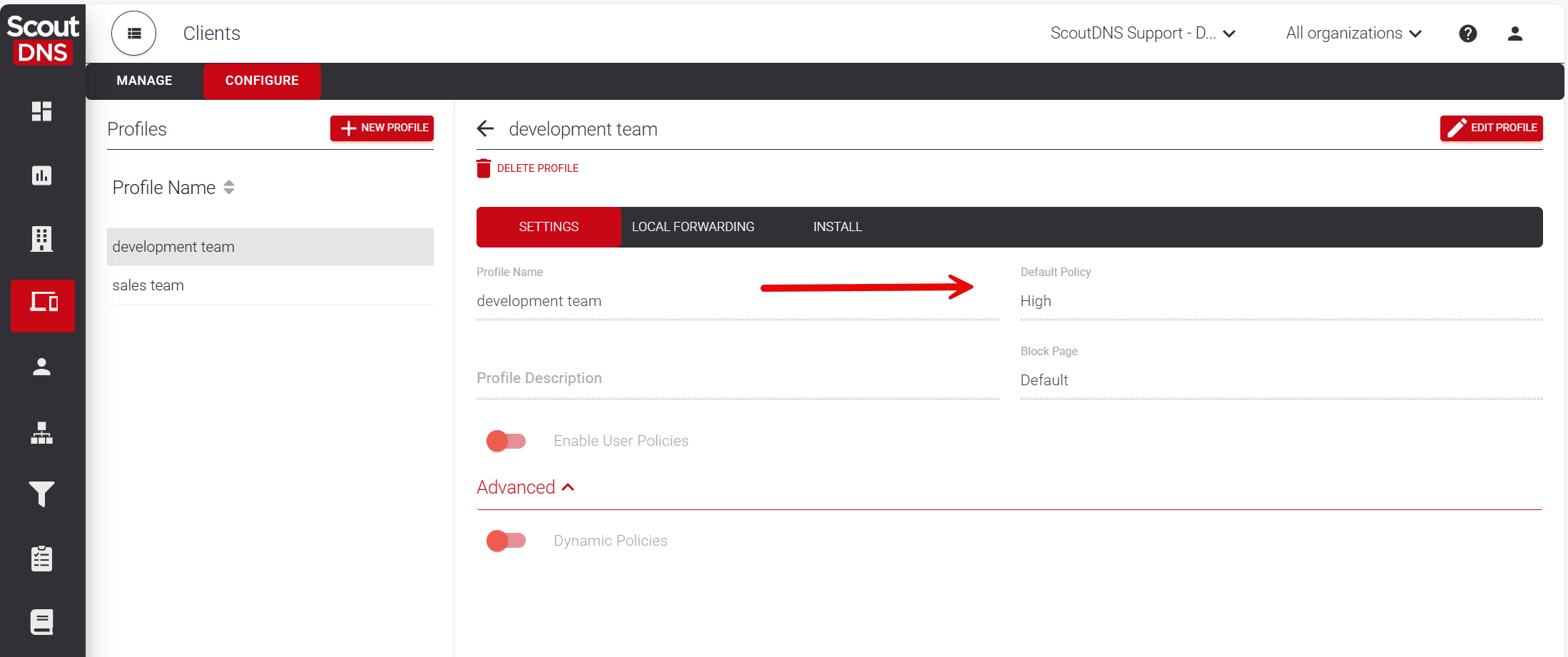 Assigning a policy at the profile level