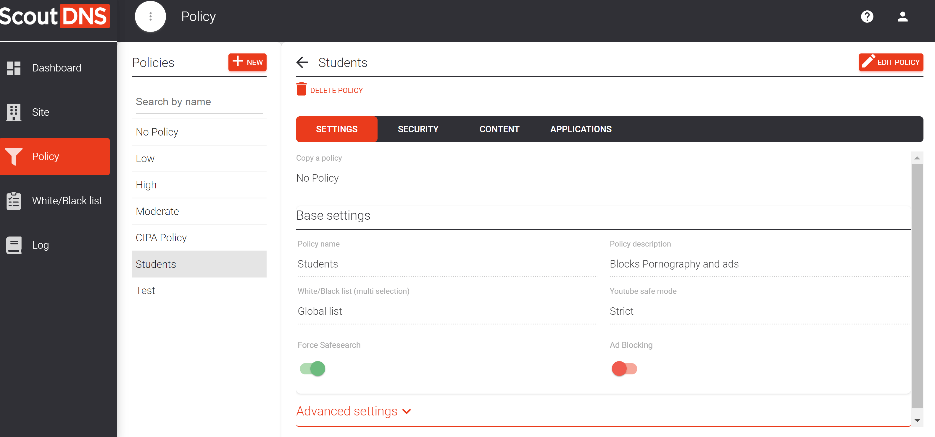 Selecting a policy to attach a list to