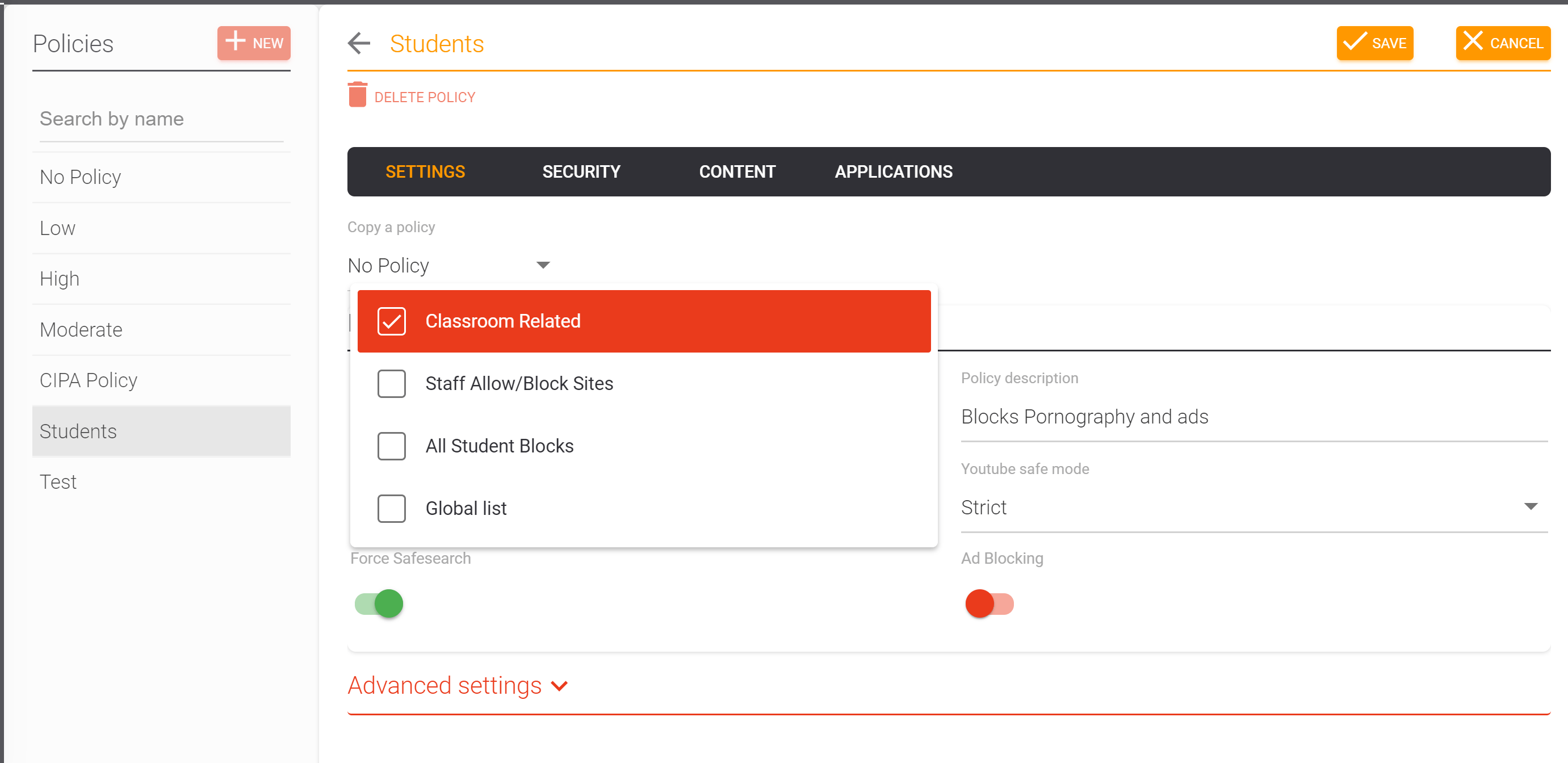 Attaching custom lists in the policy editor