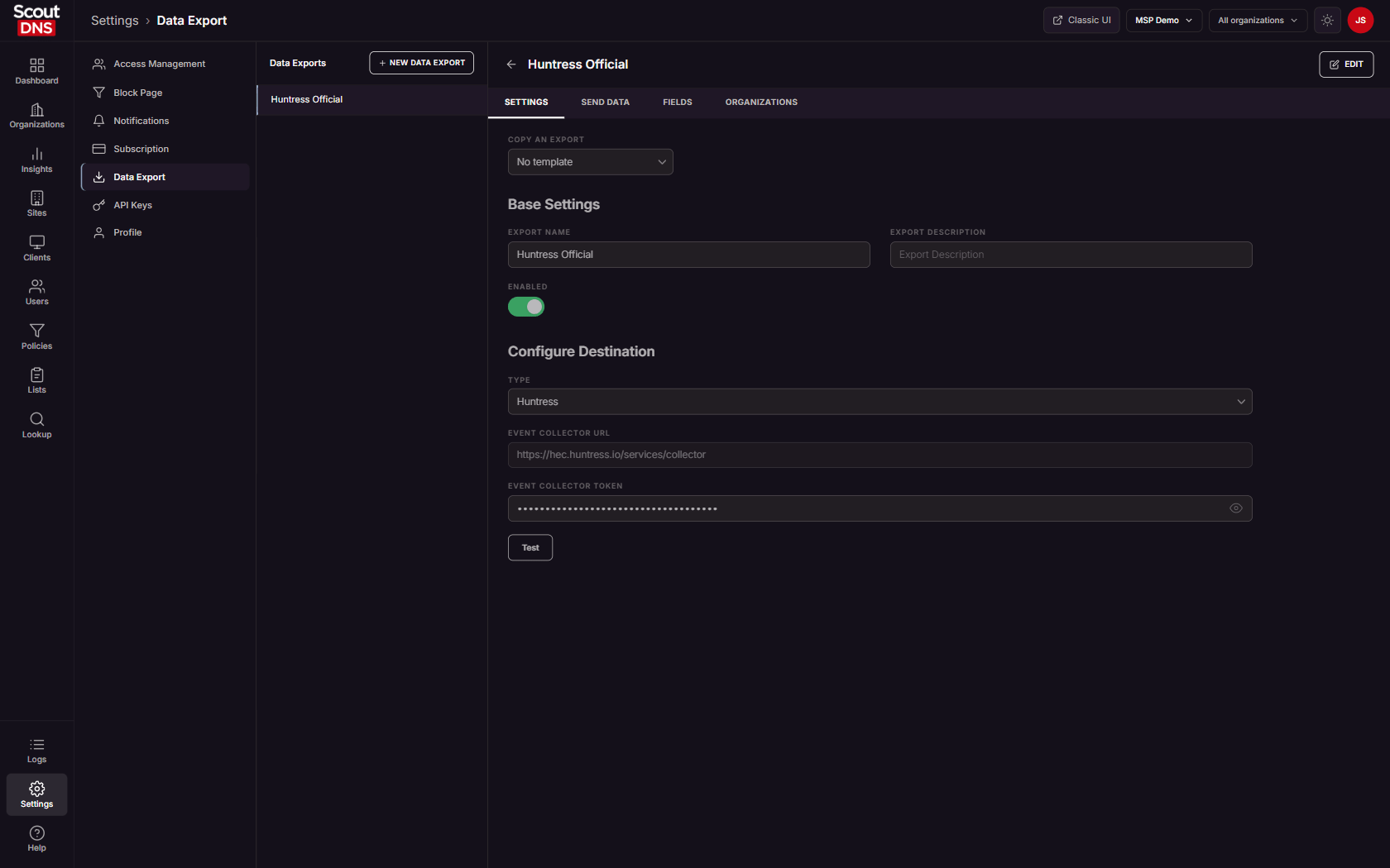 SIEM export setup with destination type, endpoint URL, and connection test
